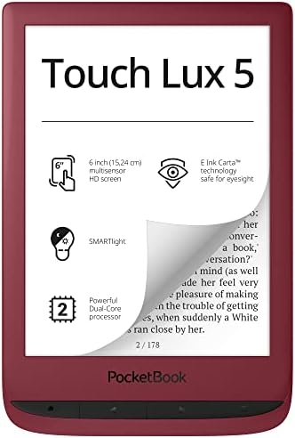 Pocketbook Touch Lux 5 | E-Book Reader | Glare-Free & Eye-Friendly E-Ink Technology | 6ʺ Touchscreen with HD Resolution | Wi-Fi | Adjustable SMARTlight | Micro-SD Slot | E-Reader in Ruby Red