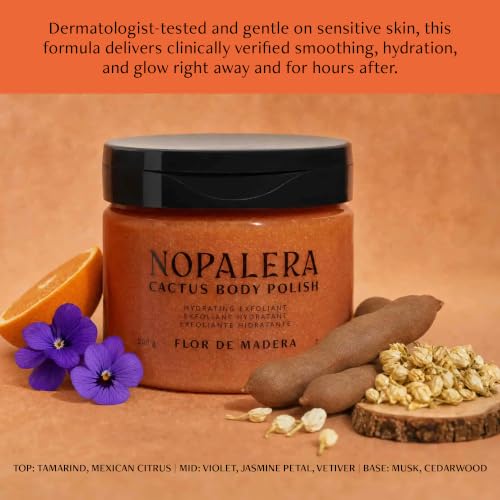 Image of Nopalera Cactus Body Scrub and Exfoliator, Flor de Madera, 7 oz | 3-in-1 oil cleanser, exfoliant, moisturizer with cactus oil. Clean beauty for sensitive skin