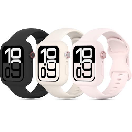 3 Pack Soft Silicone Bands with Bumper Case Compatible with Apple Watch Band 38mm 40mm 41mm 42mm 44mm 45mm 46mm, Sport Strap Wristbands with Protective Cover for iWatch Series 11/10/9/8/SE/7/6/5/4/3