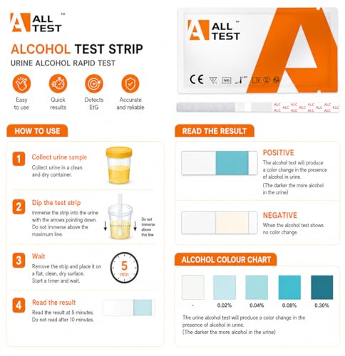 ALLTEST 10 Alkoholtest im Urin Akohol im Urin Alkoholtester Urintest Streifentest Alkoholteststreifen Etg im Urin Drogentest Drogenschnelltest Schnelltest kit Drogen Zertifiziert Auto Alcohol