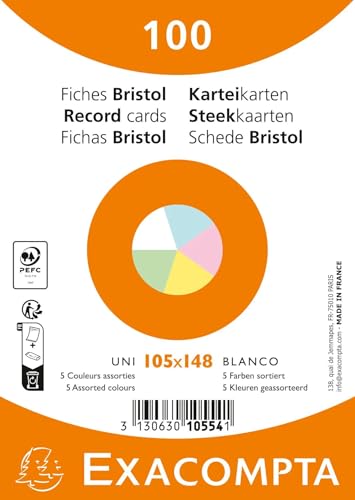 Exacompta 10554E Karteikarten, ungelocht, ungelocht, foliert, für Tintenstrahldrucker, Laser- und Kopierer, 105 x 148 mm, verschiedene Farben, 100 Stück