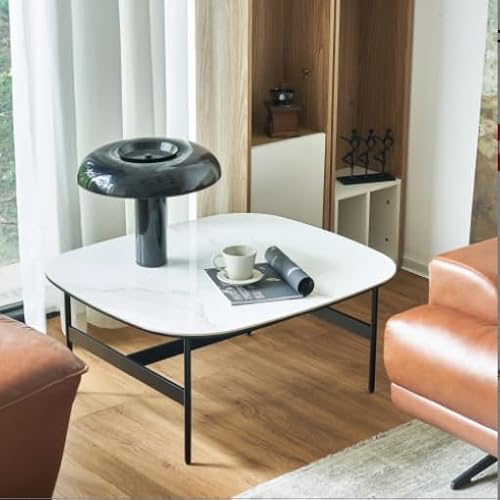 senfeii Modern Marble Coffee Table with Black Metal Frame, White,