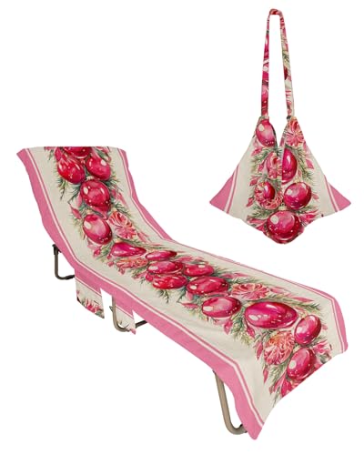 Pink Christmas Balls Beach Lounge Chair Towel Cover, Soft Chaise Lounge Towel with Side Pockets Patio Pool Chairs Cover for Beach/Pool Sunbathing 29x85 Xmas Botanical Watercolor Pink Striped