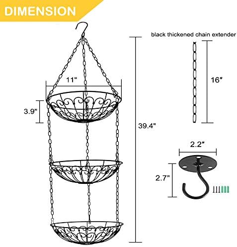 HLTOP 3 Tier Wire Hanging Fruit and vegetables Basket,Heavy Duty Wire Kitchen Organizer with 1 Metal Hook and 1 Chain Extender,Chain Hanging Storage Bowl Perfect for Kitchen and Bathroom(Black)