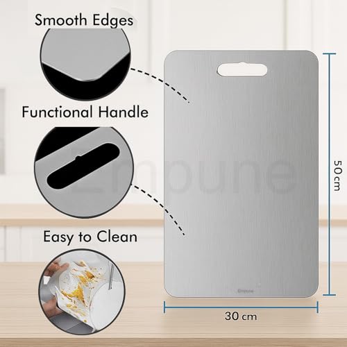Image of Rectangle 304 Stainless Steel Chopping Board | with 2 Steel Straw & Antiskid Pads | Non Slip | Rust Proof | for Cutting Vegetables, Meat,Fish,Fruits | X-Large | 50 x 31 cm