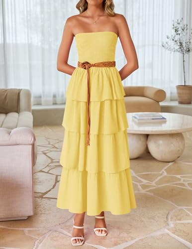 Image of ZESICA Women's Summer Boho Strapless Maxi Dress 2026 Casual Sleeveless Off Shoulder Smocked Tiered Beach Long Sundress