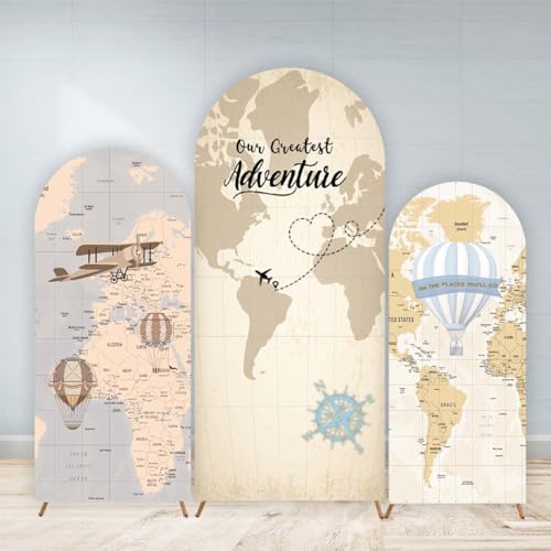 3 Pcs Our Greatest Adventure Baby Shower Arch Backdrop Cover 6 ft/5 ft/4 ft Gender Neutral Boy Party Awaits Begin Travel Spandex Stretchy Fabric Arched Photo
