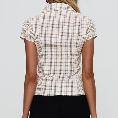 Women Fashion Plaid Button Up Shirt Short-Sleeve Lapel Collar Blouse Shirts Y2K Summer Casual Going Out Tops4