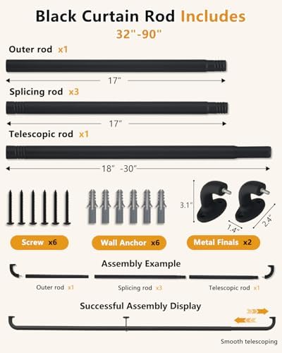 ASULUPHY Blackout Curtain Rod 32-90 In, Heavy Duty Wrap Around Curtain Rods - 4