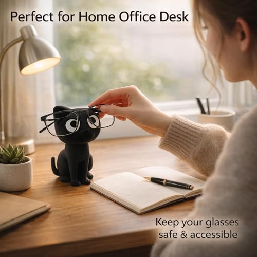 Image of Black Cat Spectacle Holder, Handcrafted Eyeglass for Desk Organization, Unique Showpiece Glass Stand & Wooden Stand Alternative, Single Piece Home Decor Accessory, Glasses Holder Gift Under 200