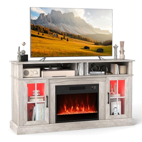 TANGZON Electric Fireplace Insert TV Stand, Freestanding Media Console Table Entertainment Center with 1800-2000W Heater & Remote Control (Gray, 24 Fireplace,148x41x81cm for 65 TV)