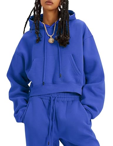 Flygo Womens Fleece 2 Piece Outfits Sweatsuit Crop Pullover Sweatshirt Joggers Pants Tracksuit Set