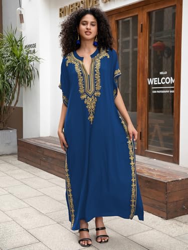 Image of KECVOT Kaftan Dresses for Women Embroidered Short Sleeve V-Neck Plus Size Caftan Bikini Swimsuit Cover-Up Long Beach Dress