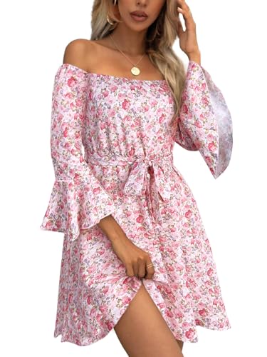 Image of Off Shoulder Ruffle Dress for Women, A-Line Mini Dress with Belt, Fitted Bust Summer Wedding Guest Dress
