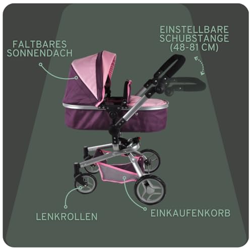 Bandits & Angels Puppenwagen Purple Purple Angel 2in1 ab 3 Jahren – Puppenwagen – Für Mädchen – Verstellbare Schiebestange 48-81 cm – Vollständig zusammenklappbar – Mit Einkaufskorb – Bild 3