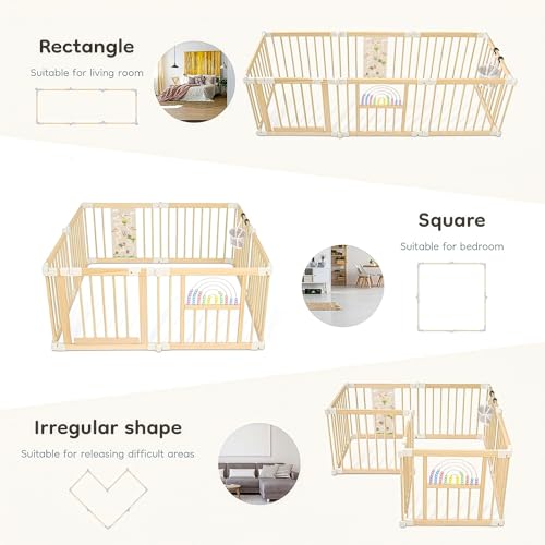 Foldable Wooden Baby Playpen Activity Center,Adjustable Size & Shape Portable Play Yard, Baby Fence Play Area with Gate for Indoor Use for Babies and Toddlers(56x56x24inches) - Image 6