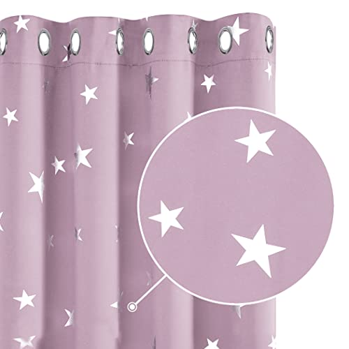 Deconovo Lot de 2 Rideaux Occultants Isolant Thermique Anti Froid Rideaux à Oeillets en Chambre de Fille Grands Etoiles des Imprimés Argents 140x240cm Rose Pale