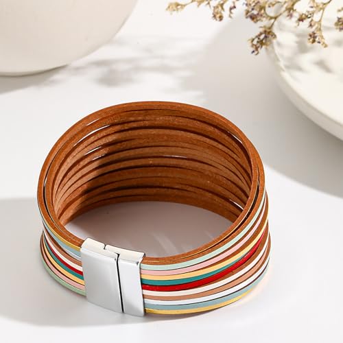 Image of Fesciory Leather Wrap Bracelets for Women, Boho Leopard Multi-Layer Crystal Beads Cuff Bracelet Jewelry