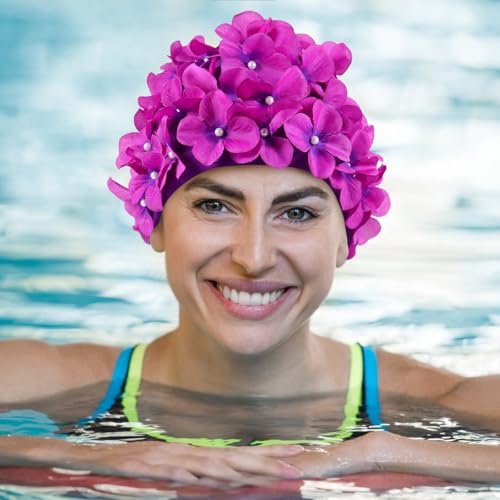 Image of Housoutil Flower Swimming Caps, Floral Swim Cap Women, Vintage Flower Swimming Hat with Handcrafted Petals, Soft Fabric Breathable Bathing Hat for Pool Spa Accessorizing (Pink)