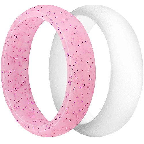 EMBNN Silicone Wedding Ring for Women Men Size 8 (2 Rings Pack), Womens Rubber-Silicone Wedding Ring-Band with Embedded Glitter, 2mm Thick, 5.5mm Width, White, Pink with Pink Glitter