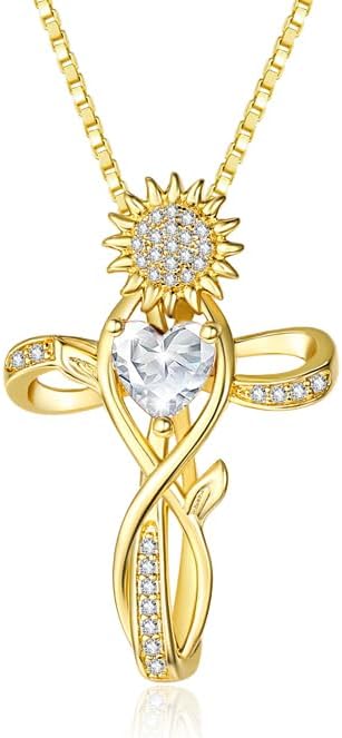 HeartMelody Cross Necklace for Women,18K Gold/ White Gold Plated Sunflower Cross Pendant Diamond Necklaces Christian Everyday Faith Cross Jewelry First Communion Gifts, 12-Color Birthstone Necklace for Women