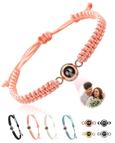 Zyinoant Photo Bracelet Personalised Projection With Picture Inside, Adjustable Length Memorial Valentines Gifts for Her/Him/Women/Men/Couple/Friends (Pink)
