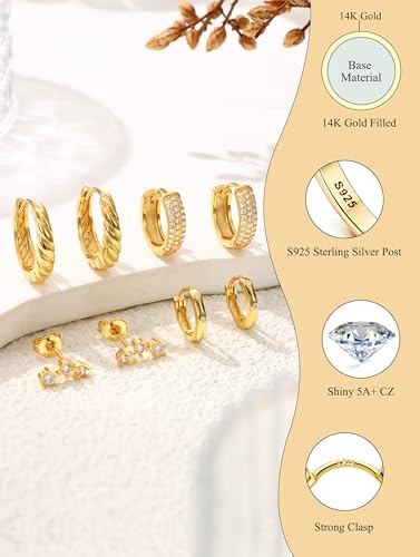 JeryWe Hypoallergenic Gold Hoop Earrings for Women S925 Sterling Silver Post Chunky Cartilage Earring Stacks Non Tarnish 14K Gold Filled Small Hoops Stud Set Jewelry4