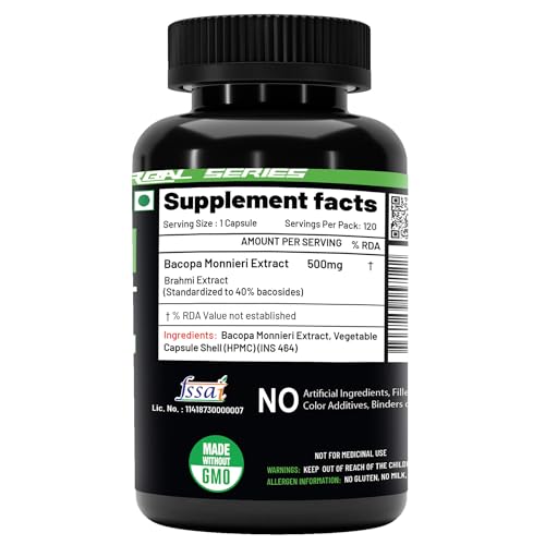Image of NutriJa Brahmi - Bacopa Monnieri Extract 500mg Capsules with 40% Bacosides | 120 Veg Capsules