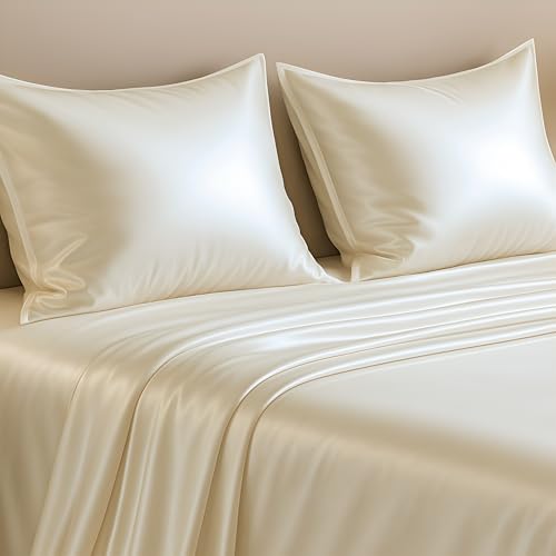 Image of Luxe Ere Satin Bedsheet King Size (90x108) | 300 TC Ultra Smooth Silky Soft Luxury Satin Bed Sheet with 2 Pillow Covers | Premium Satin Bedsheets for Double Bed - Classic Ivory