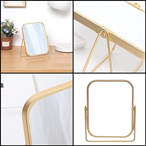 Espejo de maquillaje de mesa rectangular doble cara dorado miniatura 6