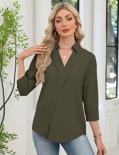 Image of LOMON 3 /4 Length Sleeve Womens Tops Dressy V Neck Collared Shirts Trendy Business Casual Work Blouses Vacation Outfits 2026