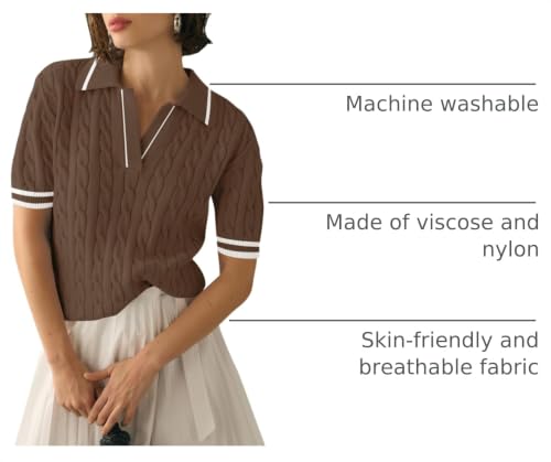 Image of Micoson Womens Short Sleeve Sweater Tops Lapel V Neck Polo Shirts 2026 Summer Cable Knit Loose Blouse Business Casual Outfits