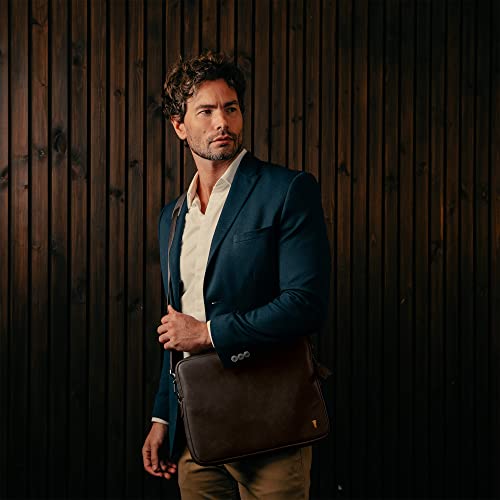 TORRO Bolsa para portátil - Bolso bandolera de piel auténtica compatible con portátil o MacBook de 13/14 pulgadas - Marrón Oscuro