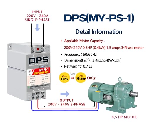 DPS 1HP MY-PS-1 Used for 0.5HP(0.4kW) 1.5A Motor, Single to 3 Phase Converter, 1 DPS Must Be Used for 1 Motor Only, Input/Output 200-240V, UL Listed3