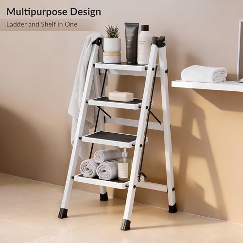 Image of Plantex 4 Step Ladder for Home Use /Wide Anti-Slip Heavy-Duty Step Stool /Lightweight Kitchen Ladder 4 Step (White)