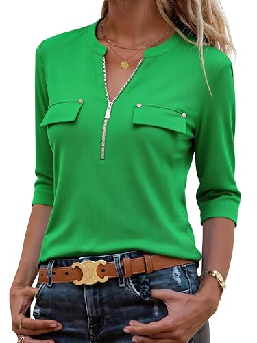 Image of Bulotus Womens 3 /4 Sleeve Tops Plus Size V Neck Zipper Business Casual Blouses for Office & Going Out Soft Knit Tunics, M-3XL