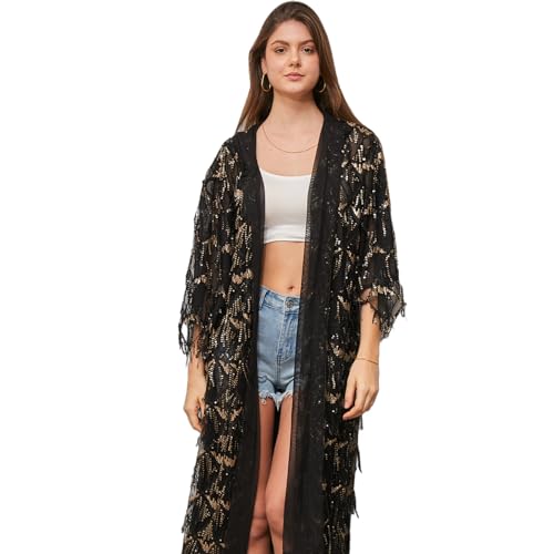 Image of Sparkling Sequin Cardigan For Women - Long Kimono With Hood, Open Front Black Summer Duster