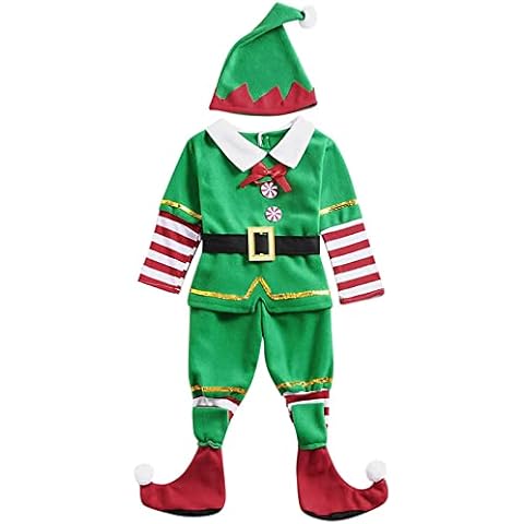 Alaurbeauty Toddler Baby Boys Girls Christmas Elf Costume Sets Top+Pants+Hat+Belt+Holiday Cosplay Stage Performance Suit (A-Green, 1-2 Years) Cover