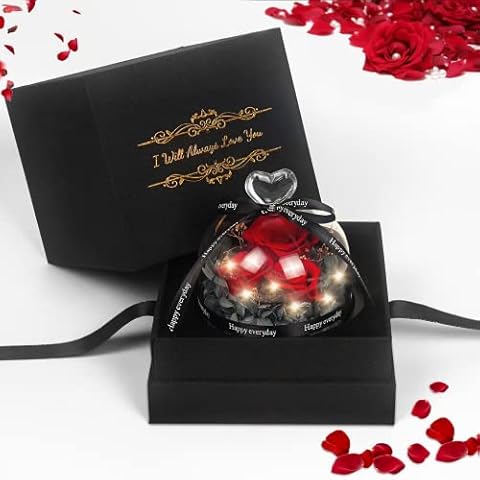 Valentines Day Gifts for Her Women Wife Him, Forever Rose Preserved Eternal Real Roses in Glass Dome with LED Light, Perfect Valentines Gift for Her/ Him with Beautiful Giift Box and Hand Basket Cover