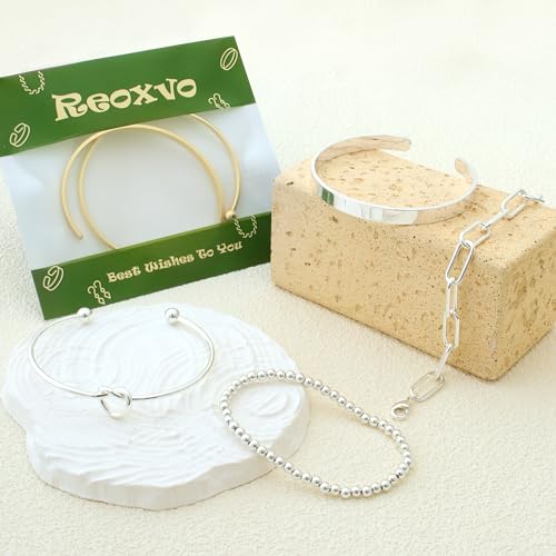 Reoxvo 4R-SILVER-6MMBANGLE Bracelets For Women Stack Non Tarnish Sterling Silver Plated Charm Bangle Cuff Bracelet Set Jewelry thumb #5
