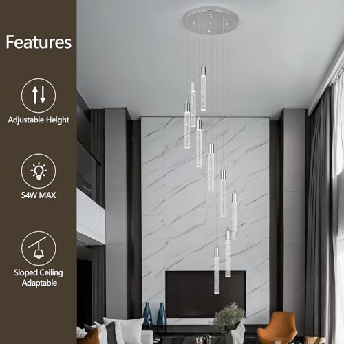Image of 9 Light Living Room Chandelier Chrome Crystal Pendant Lights LED Dimmable 54W 6000K Staircase Large Chandelier Lobby Living Room Foyer High Ceiling Chandeliers