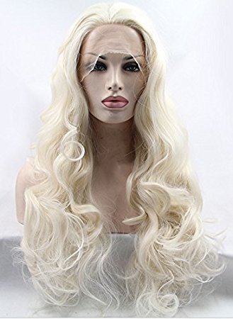 K'ryssma Platinum Blonde Glueless Lace Front Wigs Long Natural Wavy Heat Resistant Synthetic Hair Wig For White Women Half Hand Tied 24 Inch