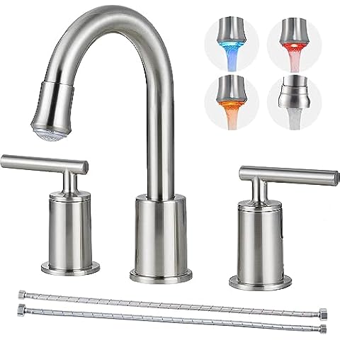 VXV LED Bathroom Faucet Brushed Nickel, 8 Inch Widespread Bathroom Sink Faucets, 2-Handle 3 Hole Bathroom Lavatory Faucet, Basin Mixer Tap Faucet, Drain Assembly Included (LED-BN) Cover