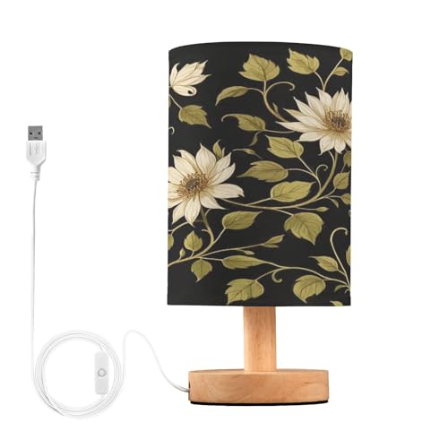 voucong Vintage Rattan Leaf Print Black Small Desk Lamp with USB Port for Patio Nightstand Lights