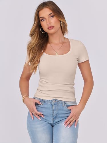 ANRABESS Women Short Sleeve Tops Scoop Neck Ribbed Knit Slim Fitted Basic Tee Shirts Casual Summer Clothes 2025 Fall Outfits - Image 5