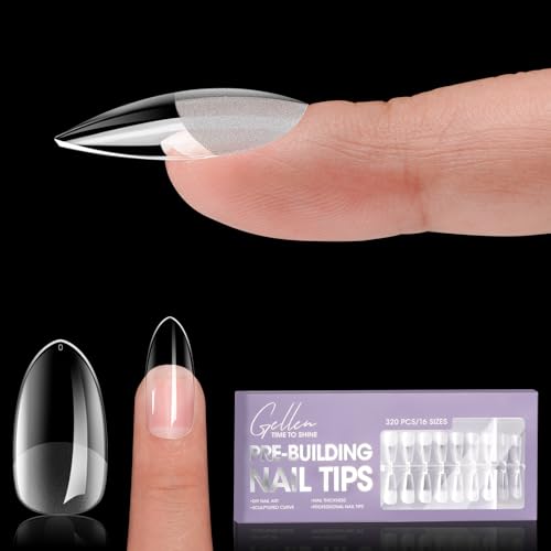 Gellen Tipex Pre-building Nail Tips, 320pcs Built-in Apex Medium Almond Nail Tips, 16 Sizes Full Cover Pre-file NailTips for Easy Wearing, Thicken Nails for Flat Nails