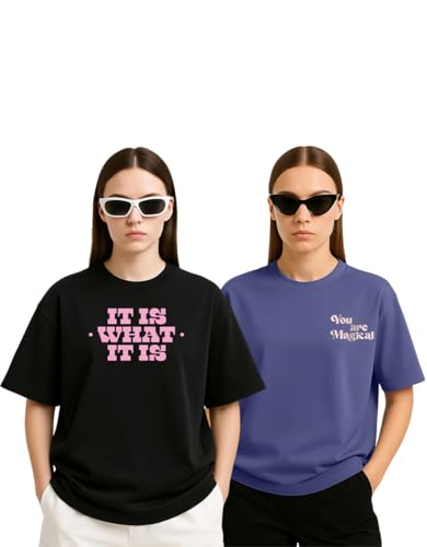 Image of Women's Oversized Cotton Blend Graphic T-Shirt Combo (Pack of 2) | Baggy Fit, Drop Shoulder, Half Sleeves | Sizes S to 2XL