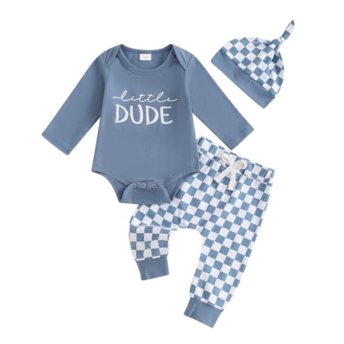 Image of Madjtlqy Little Dude Newborn Baby Boy Fall Clothes Long Romper Bodysuit Jogger Pants Set 3Pcs Infant Coming Home Outfit