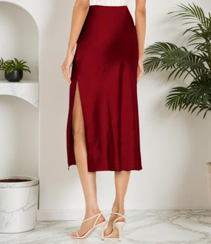 Image of Amy Babe Womens Satin Silk High Waist Slit Midi Skirt Long Skirts for Women | Elastic Waistband, Side Split, Midi Length, Below the Knee, Silky Fabric, Elegant, Fall Winter Outfits