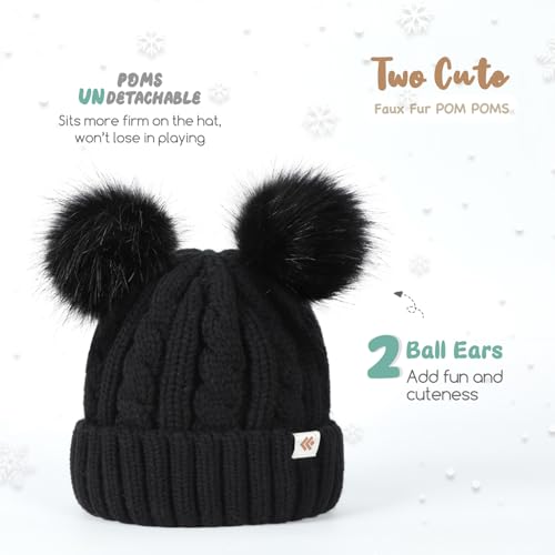 Kids Beanie Satin Lined Winter Beanie Hat for Baby Boy Girl Warm Todders Beanie with Double Pom Pom Ears 1-7 Years4